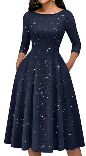 Bridesmay Women's Sequin 3/4 Long Sleeve Cocktail Dresses with Pockets, Navy Blue A-line Wedding Guest Church Dress Navy L