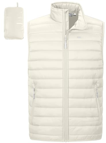 33,000ft Gilet trapuntato da uomo, imbottito, per attività all'aria aperta, con colletto alto, con 5 tasche, per corsa, golf, escursionismo, equitazione, Beige/Bianco, M