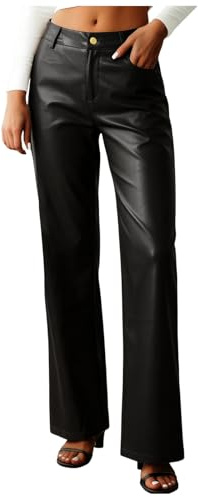 Women's Faux Leather Pants Ladies Solid Color PU Leather Straight Leg Trousers Women Faux Pants Solid Color Pu High Waist Straight Wide Leg Leggings Slim Fit Trousers Women's High Waist Jeans Black