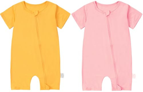 HAHASHOW Body Bebé Manga Corta para Verano 2 Piezas, Ropa Bebé Recién Nacido de Fibra de Bambú Pijamas Niños y Niñas con Cremallera 2 Vías 12-18 Meses Amarillo y Rosa