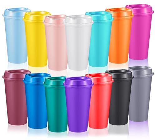 RAINPOP 15Pcs Reusable Coffee Cups with Lids - 16 oz Plastic Tumblers to Go Coffee Cups Bulk Plastic Travel Mugs for Hot and Cold Drinks Smoothie, Home, Car, Beach, Camping, and Party - Colorful