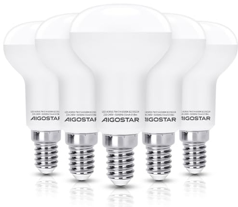 Aigostar Réflecteur Ampoule LED E14 7W R50, 610Lm, Blanc froid 6500K, Non dimmable, Angle de Faisceau de 170 Degrés, Lot de 5