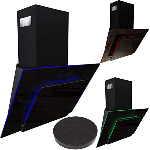 SIA AGE91BL 90cm Black Glass Angled Kitchen Cooker Hood Chimney Extractor Fan With Red Blue & Green LED Edge Lit Mood Lighting & Carbon Filter