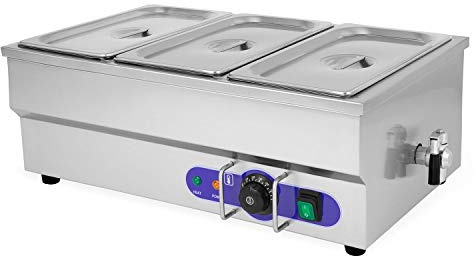vertes Bain Marie Chauffe Plat électrique Professionnel 1500W en INOX (INCL. 3X 1/3 GN Récipient avec Couvercle pour 3X 3.8L, Robinet de Vidange, Température 50 à 200°C, Pieds en Caoutchouc)