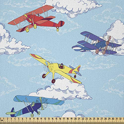 ABAKUHAUS Weinlese-Flugzeug Stoff als Meterware, Skizzen Flugzeuge, Microfaser Multi Zweck Dekostoff für Kunsthandwerke, 3M (230x300cm), Mehrfarbig