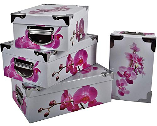 2.J. Orquídea Juego de 4 Cajas de Almacenaje de Cartón con Tapa Impresa Orquídea con Ángulos y Asas Metálicas. Sizes: 23x15x9,25x16,5x10,27x18x10,5,29x20x11cm
