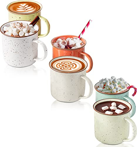 Comfify Speckled Campfire Style Mugs - Set of 6-14 oz - Cozy Colors - Coffee Cups - Camping Coffee Mugs - Ceramic - Enamel - Use for Tea/Hot Drinks