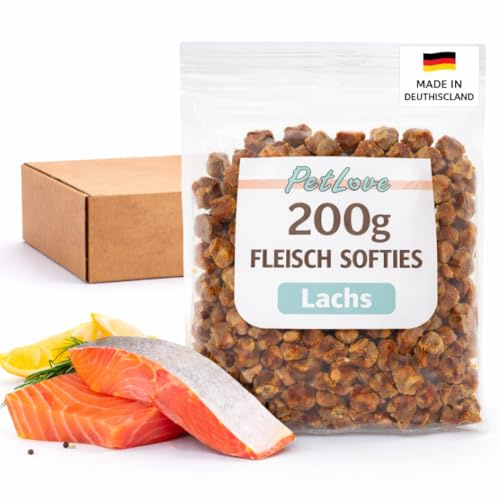 PetLove Croquettes de Viande Moelleuses pour Chiens • Croquettes pour Chiens Adultes et Chiots • Teneur en Viande 63%, sans Céréales • Friandises pour Entraînement des Chiens • Saumon (200 g)