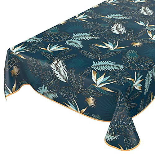 ANRO Bordsduk, avtorkningsbar vaxduk, vaxad bordsduk, blad guld blå, 200 x 140 cm med invikt fåll