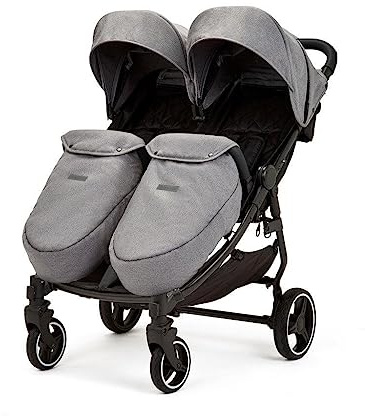 Ickle Bubba Venus Silla Doble – Desde el nacimiento hasta 15 kg (aprox. 3 años), cochecito gemelar compacto, ligero y plegable, incluye plástico de lluvia (Gris Espacial, Prime)