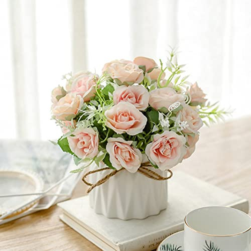 Artificial Flowers with Ceramic Vase Faux Silk Rose Fake Plants in Pots Arrangement Indoor Decorations for Home Wedding Party Pink