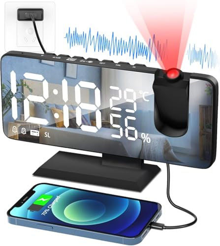 PEYOU Wecker mit Projektion【7.4】, Projektionswecker【mit 4 Stufen Bildschirmhelligkeit】 Radiowecker mit Temperatur Datum, 12/24H, Snooze-Doppelwecker für Schlafzimmer Kinder Senioren Wand Deckenuhr