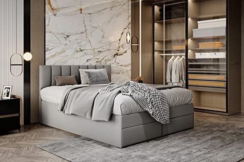 TRADA Boxspringbett 160x200 cm mit Bettkasten und Taschenmatratze - Miami - Elegantes Hochbett mit Viscoschaum-Topper - Grau