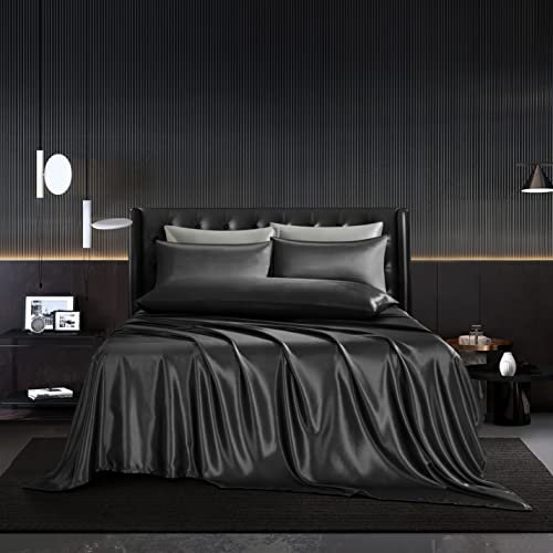HommxJF 5Pcs Black Satin Sheets Set King Size Bed Sheets Black Silk Sheets King Comforter Bedding Sheets with 1 Satin Flat Sheet,1Deep Pocket Fitted Sheet,3 Pillowcases with Envelope Closure