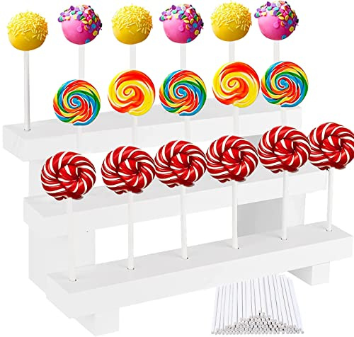WDZGX Cake Pop Ständer Lollipop Ständer Holz Cake Pop Halter 3-Stufig 17 Löcher mit 50 Stück Lutscher Sticks für Hochzeit Geburtstag Abschlussball Backverkauf