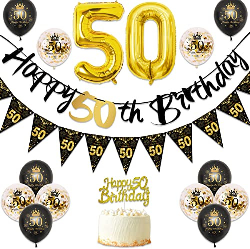 Black Gold 50th Balloons & Banner, Women's Birthday Party Decorations, Cake Toppers