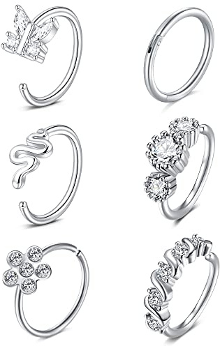 MODRSA Nose Rings Hinged Clicker Nose Piercing Stainless Steel Diamond CZ Nostril Jewellery Nose Hoop Rings Silver