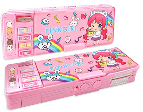 Ristpal Pop up Multifunktions Mäppchen Federmäppchen für Jungen und Mädchen, Niedliches Cartoon Muster, mit Bleistiftspitzer, Whiteboard, bestes Geburtstagsgeschenk (Rosa)
