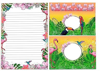 Briefpapier-Set A5 Briefblock mit Umschlag für Mädchen Kinder Flamingo Tropen (Block A5 mit 25 Blätter + 15 Umschläge)
