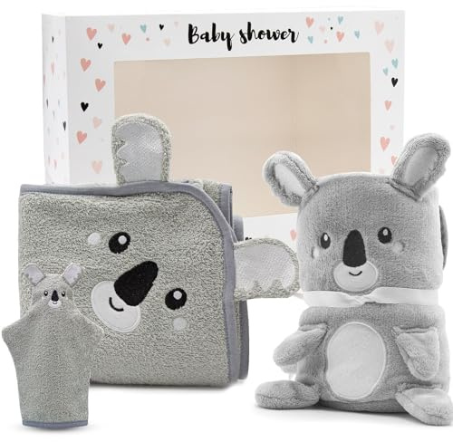 Personalisiertes 3-teiliges Baby-Kuschelset - Babydecke mit Namen, Kapuzenhandtuch, Baby Waschlappen - Personalisierte Geschenke zur Geburt.
