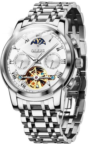 OUPINKE Herrenuhr Automatik Luxus Skelett Mechanik Weiß Zifferblatt mit Mondphase Tourbillon Tag Datum Wasserdicht Luminous Silber Edelstahlarmband