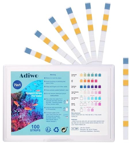 Adiwo Aquarium Test Strips, 7 in 1 Fish Tank Test Kit, Freshwater Saltwater Aquarium Water Test Kit to Detect pH Nitrite Nitrate Chlorine Carbonate Hardness, Testable in 60 seconds (GH & KH) (100 Pcs)