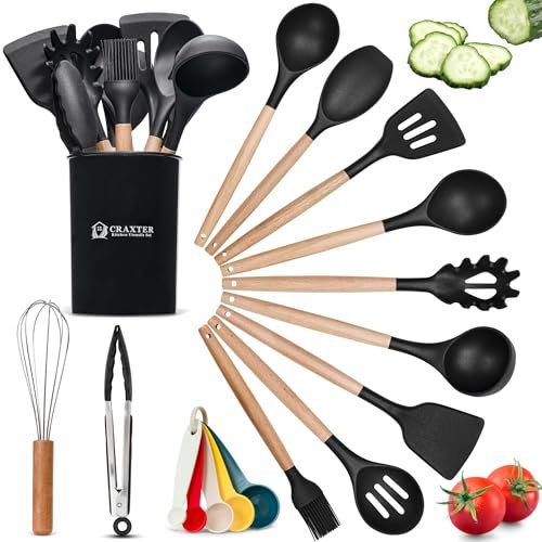 Craxter Kitchen Utensils Set – 17 Pcs Silicone Cooking Utensils Set with Wooden Handles Heat Resistant, Non-Toxic Non-Stick Spatula Set with Measuring Spoons Black