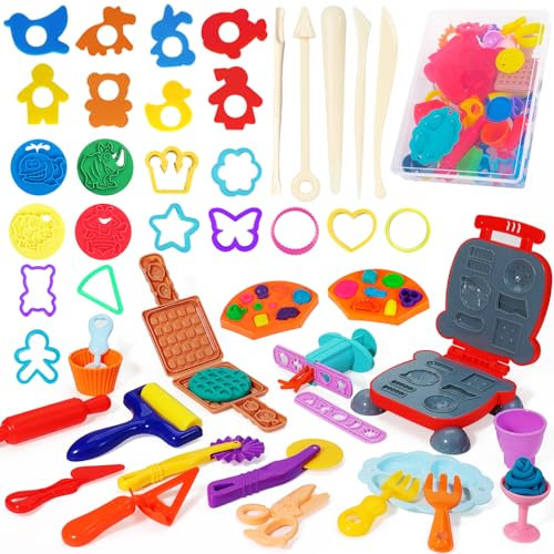 Jiosdo Knetwerkzeug, 48 Stück Knete Zubehör Kitchen Creations Burger Pasta Küchenspielset, Kinder Plastilin Werkzeuge Knete Ausstechformen, Lernspielzeug für Jungen Mädchen (mit Aufbewahrungsbox)