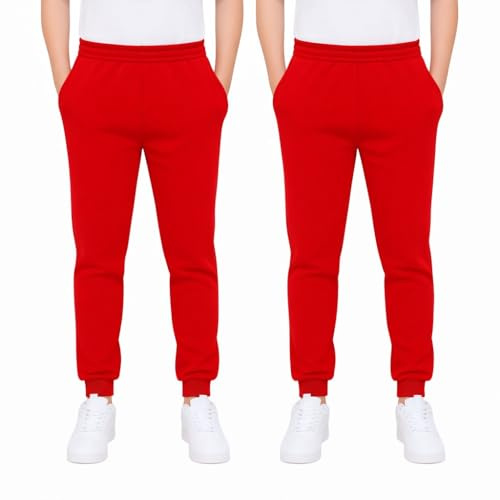 KHIM Joggingbyxa träningsoverall underdel byxa barn unisex flickor pojkar träningskläder, Röd 2-pack, 11-12 Years