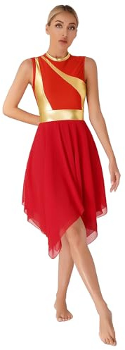 Freebily Dambalettdanskläder Asymmetrisk Konstnärlig Gymnastik Tutu Klassisk Asymmetrisk Chiffong Dance Latin Rumba Samba Klänning, Röd A, XXL