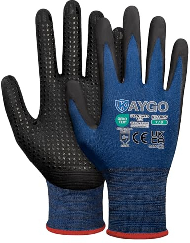 KAYGO Work Gloves with Grip Dots on Palm for Anti-Slip 3 Pairs, KG19NV | Nylon Liner, MicroFoam Nitrile Coated, Light Oil Compatible, Gripper Work Gloves for Warehouse, Automotive, DIY (Navy, S)