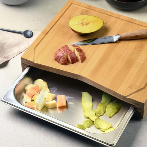 KESPER | Planche à découper avec bac de récupération (norme gastro 1/2), matériau: bambou, dimensions: l: 36,5 x P : 28 x h: 6,8 cm, couleur: marron, argent | 58356
