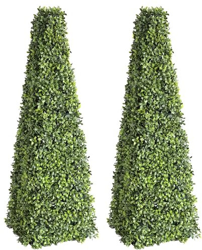 Árbol topiario de hierro trapezoidal triangular de boj artificial de 31 pulgadas para decoración del hogar y el jardín, diseño plegable (juego de 2)