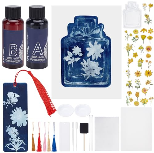 WEBEEDY Cyanotype Papier Vasen Sun Art Papier Kit Blumen Hochempfindliche Cyanotype Papier für Erwachsene Komplett-Kit mit Quaste Lesezeichen DIY Handwerk Projekt,30 Blätter,22x15.5cm