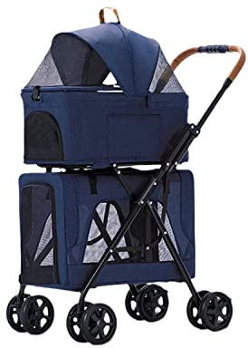 Abnehmbare Haustier-Trolley-Kinderwagen, Haustier- Doppelter separater Kabinenkorb for Hund und Katze, kleiner und mittelgroßer Haustierwagen, zusammenklappbarer Hundekinderwagen mit verstellbarer Mar