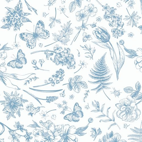 LiKiLiKi Film adhésif pour meubles - Papier peint bleu et blanc - 44x300 cm - Motif feuilles, fleurs et papillons - Imperméable