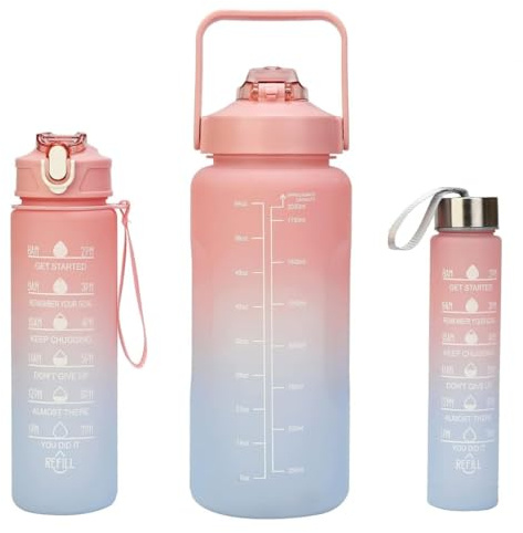 VIGOEXPRESS Sport Trinkflasche, Wasserflasche für Uni, Arbeit, Fitness, Fahrrad, Outdoor, Job - Sportflasche, Wasserflaschen, Motivationsflaschen (3 Flaschen) (2L, 0.75L, 0.28L) - STARTRIO