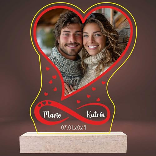 INDIGOS UG - LED Lampe personalisiert - Herz Unendlichkeit - mit Foto & Wunschtext - individuell selbst gestalten - Geschenk - Valentinstag - Acrylglas 14x14 cm - optionale Lampe warmweiss
