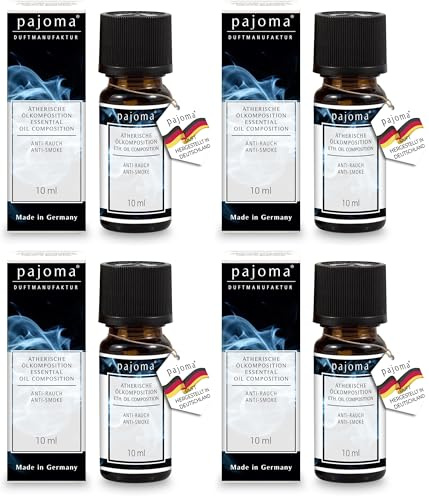 pajoma® Duftöl 10 ml, Anti-Rauch | 100% Naturrein Ätherisches Öl für Aromatherapie, Duftlampe, Aroma Diffuser, Massage, Naturkosmetik | Premium Qualität (Packung mit 4)