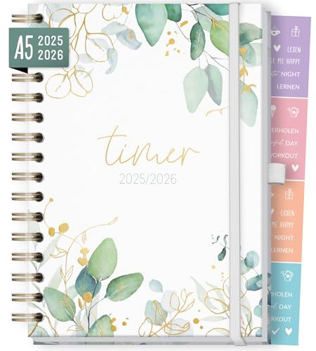 Häfft-Timer Fancy Deluxe 2025/2026 A5 Blattgold Schülerkalender, Schülerplaner, Schulplaner, Semesterplaner mit Spiralbindung für Oberstufe, Ausbildung, Uni - nachhaltig & klimafreundlich