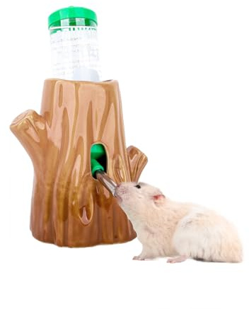 HJLSWXKQ Stump-Shaped Ceramic Hamster Water Bottle - Leak Proof Small Animal Waterer with Bracket, 4.27oz(125ML) for Syrian Dwarf Hamster, Mice, Chinchillas (Brown + Green, Middle Size)