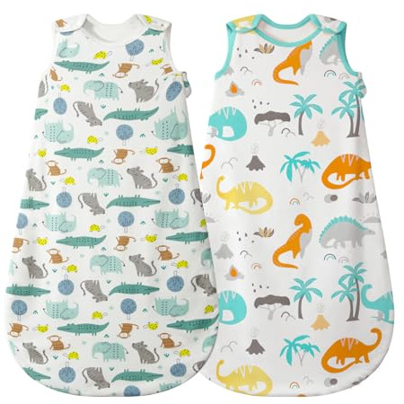Mosebears Baby sovsäck sommar 2 pack söt djur tecknad tvättbar filt 0,5 tog för flickor och pojkar bärbar filt ärmlös sovsäck(Djurparadiset Dinosaurier, XL(18-24 månader))