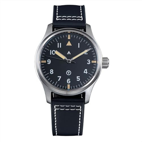 Seestern Black Pilot Automatico S424 Acero Cuero Negro Zafiro Reloj Hombre
