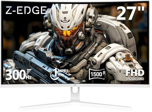 Z-Edge Monitor 27 Pulgadas Gaming Curvo Blanco 300 Hz (DP), FHD, 1 ms, FreeSync, 240 Hz (HDMI), Pantalla PC de Juego LED 16:9, Inclinación Ajustable, VA, HDR, 3000:1, RGB, VESA Compatible