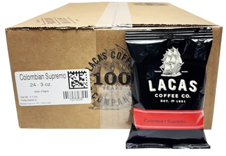 Lacas Coffee Colombian Supremo, Ground Coffee, Medium Roast, 24 x 3oz Fractional Packs with Filters – Single Origin from Huila, Pre-Portioned for 64oz Brew Pots