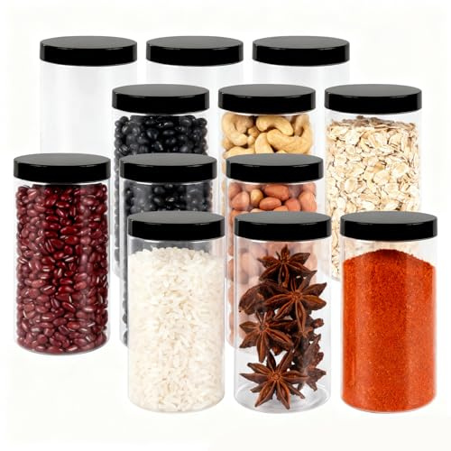 FUNSUEI 12 Pack 1000ml Round Plastic Jars with Leak-Proof Black Lids, Kitchen Food Storage Containers for Pasta, Dry Goods & DIY Crafts