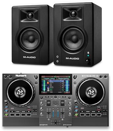 Numark Mixstream Pro Go DJ Controller and M-AUDIO BX3 Pair Bluetooth Studio Monitors for Studio Recording, Music Production, Podcasting, Streaming