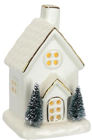 LED Porzellan Weihnachtshaus batteriebetrieben weiß Gold 13cm Tannenbaum Weihnachtsdeko beleuchtet Christmas Village Haus Winterdeko Keramik Miniatur Häuschen Tischdeko Advent