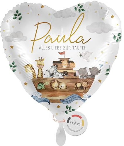 balloa Personalisierter Ballon XXL mit Namen, Geschenk zur Taufe, herzförmiger Folienballon mit Arche Noah und Tieren, Helium geeignet Wunschname, Deko für Tauffeier, Taufgeschenk Junge Mädchen, 53cm
