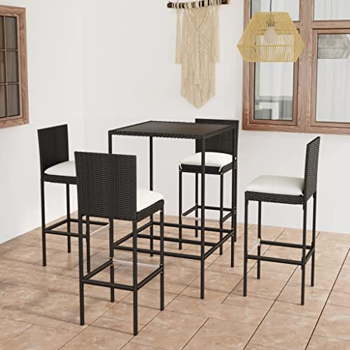 QJBSAVVA Gartenbar Set 5-TLG mit 4 Barhockern aus wetterfestem PE-Rattan & gehärtetem Glas 70x70x110 cm Schwarz Modernes Design für Balkon Garten Terrasse kleine Sitzecke Outdoor